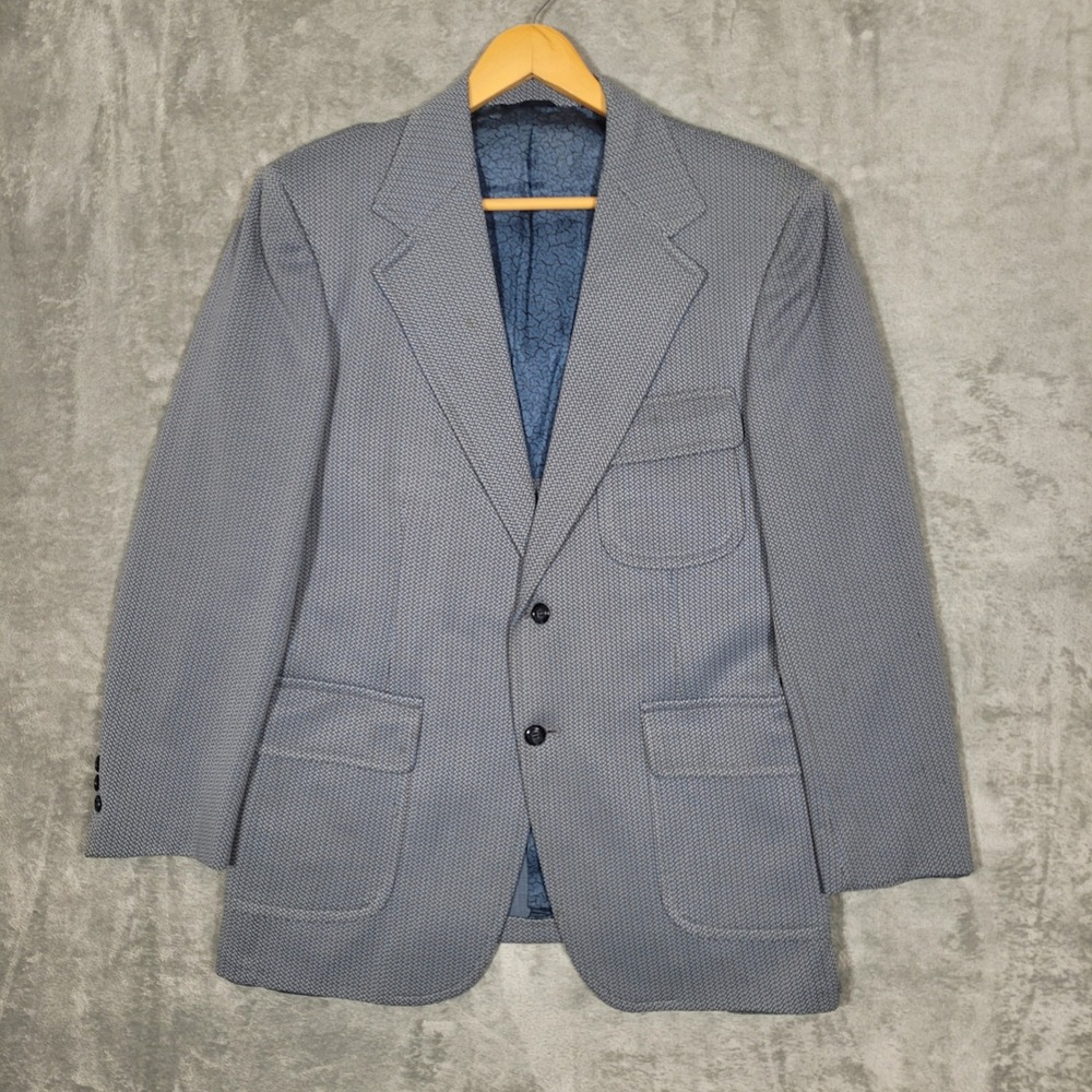 Sears The Traveller Knit Blazer Jacket Men 40R Blue Geometric Pattern Sport Coat